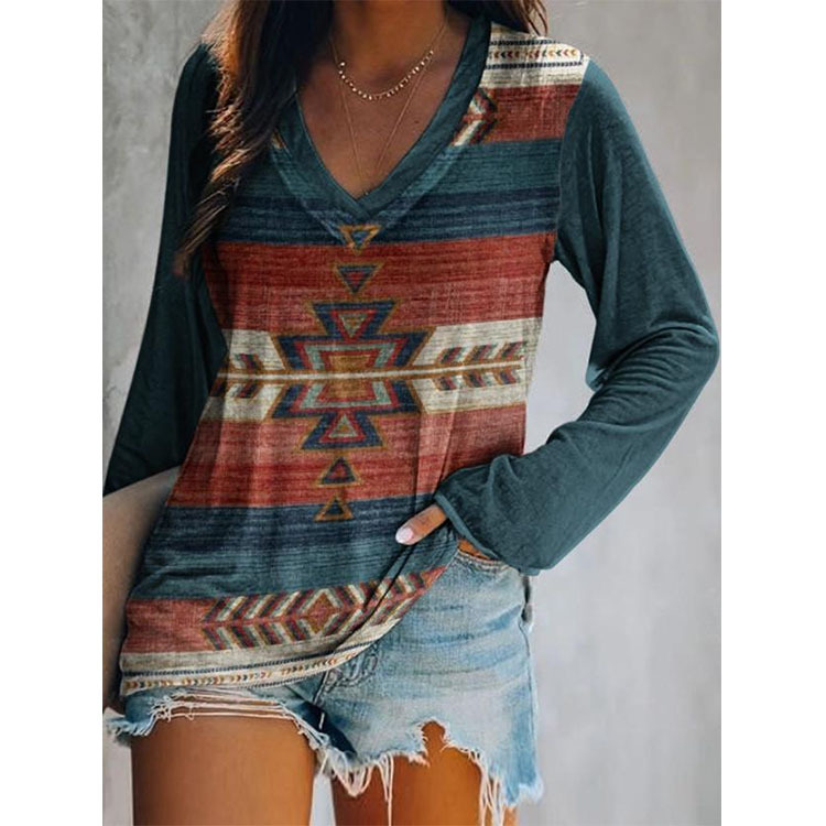 Ethnic Style Positioning Print V-Neck Long-Sleeved T-Shirt NSLZ85502