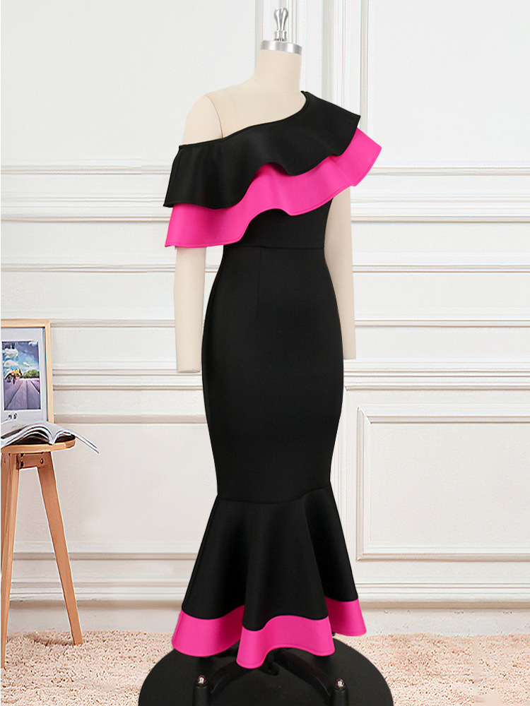 Plus Size Women's Dress One Shoulder Backless Ruffle Fishtail Dress_voghion.com