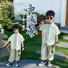 男児夏漢服セット2025新型児童中国風唐装小坊ちゃん半袖シャツ2点セット潮
