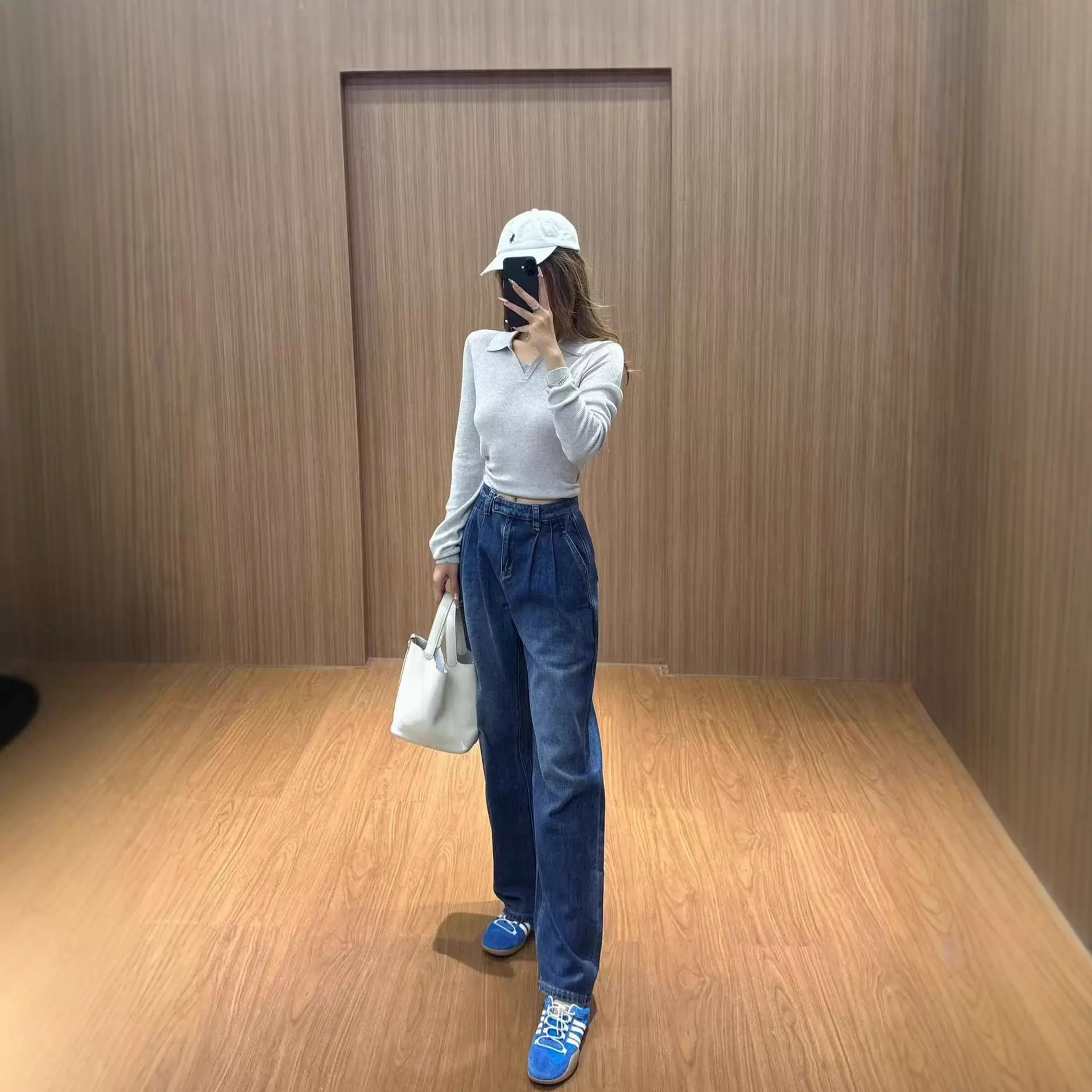 严选韩版早秋双褶皱宽松优雅高端女装新款显瘦直筒单色水洗牛仔裤