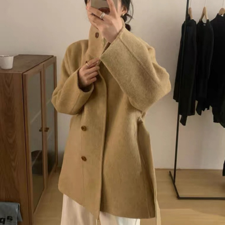 2026 New Korean Style Slimming Stand Collar Double-Sided Cashmere Wool Coat for Women, Mid-Length Woolen Coat for Petite Women 2026 New Korean Style Slimming Stand Collar Double-Sided Cashmere Wool Coat for Women, Mid-Length Woolen Coat for Petite Women