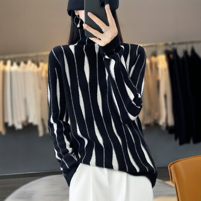 2026 Winter New Women's Sweater with Half High Collar, Versatile and Stylish, Striped Color Block, Thick Knit Base Sweater 2026 Winter New Women's Sweater with Half High Collar, Versatile and Stylish, Striped Color Block, Thick Knit Base Sweater