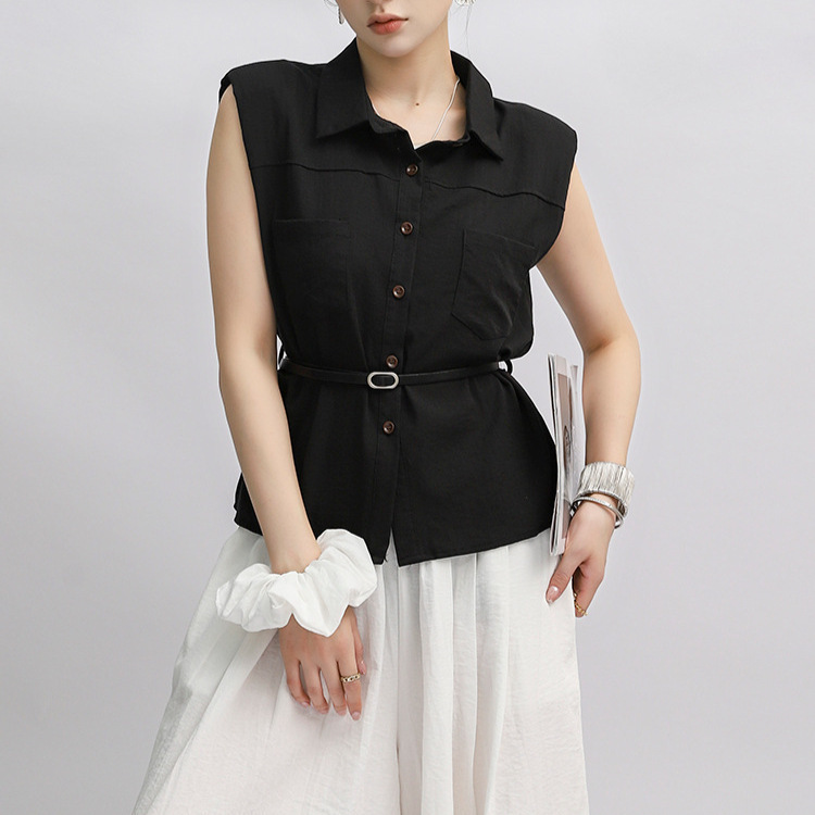 Sleeveless Shirt Vest with Belt for Women, Summer Linen Top with Shoulder Pads, Faux Linen Polyester French-Style Blouse