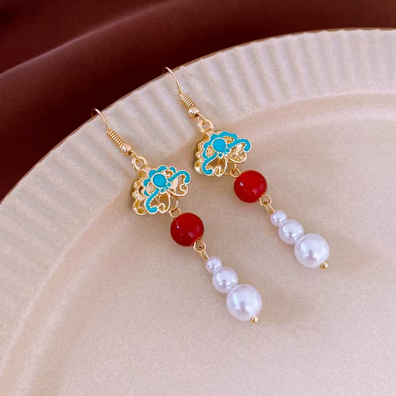 Длинное жемчужное кимоно Hanfu с ретро серьгами, золото 14k, украшение для женщин