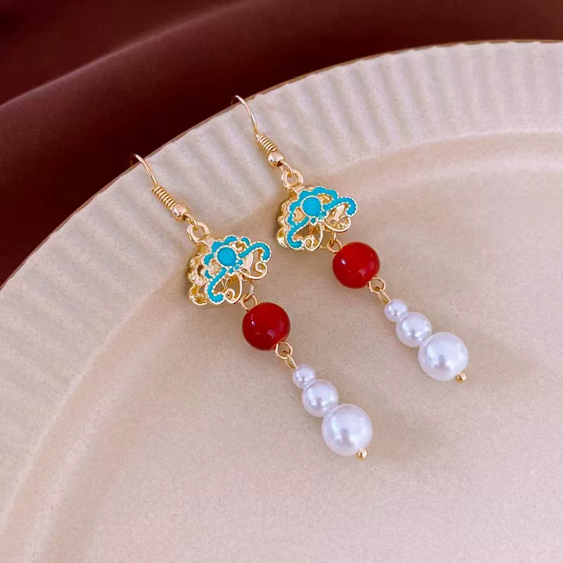 Длинное жемчужное кимоно Hanfu с ретро серьгами, золото 14k, украшение для женщин