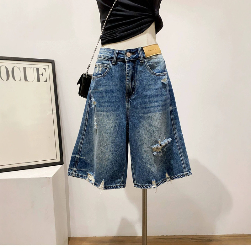 Ripped Denim Shorts for Women, Spring/Summer 2026 New Style, High-Waisted, Loose Straight-Leg Wide-Leg Knee-Length Shorts