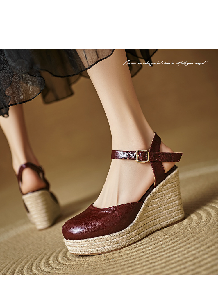Sandal cao gót nữ quai ngang đế xuồng đan rơm, gót 9 cm — Rượu vang đỏ, màu trắng ngà chi tiết 7