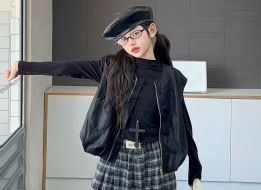女童秋装套装2025新款儿童潮酷穿搭大童皮马甲打底衫格子裤三件套|undefined