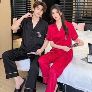New Couple Short-sleeved Solid Color Letter Print Ice Silk Home Clothes suit Thin Men's Cardigan Pajamas Women's