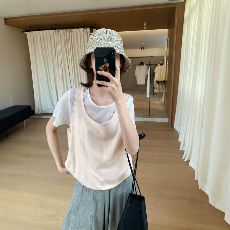Hers - a Spoonful of Sweetness, Summer Korean Style Simple Everyday Two-Piece Spliced Design Round Neck Short-Sleeve Top for Women 80706
