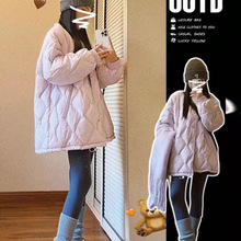纯色菱格棉服外套女冬季新款大码200斤宽松遮肉韩系设计感薄外套