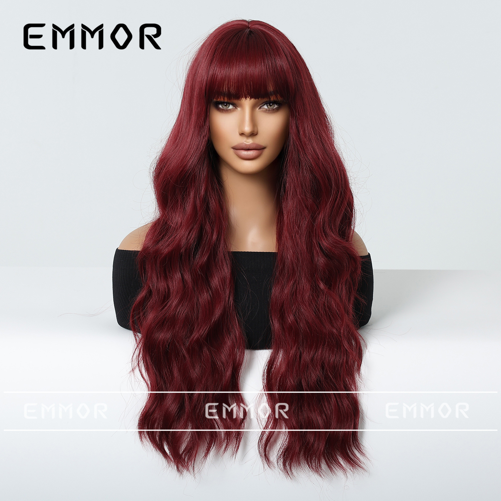 Estilo europeo y americano rojo vino flequillo olas grandes y cintura larga rizada temperamento peluca de moda cabello completo tipo wigs