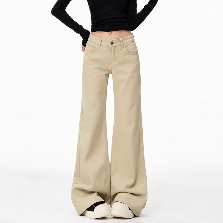 Khaki Flared Jeans for Women, Non-Tight-Fitting, Low-Waisted, Loose Wide-Leg Bell-Bottom Pants for Petite Women