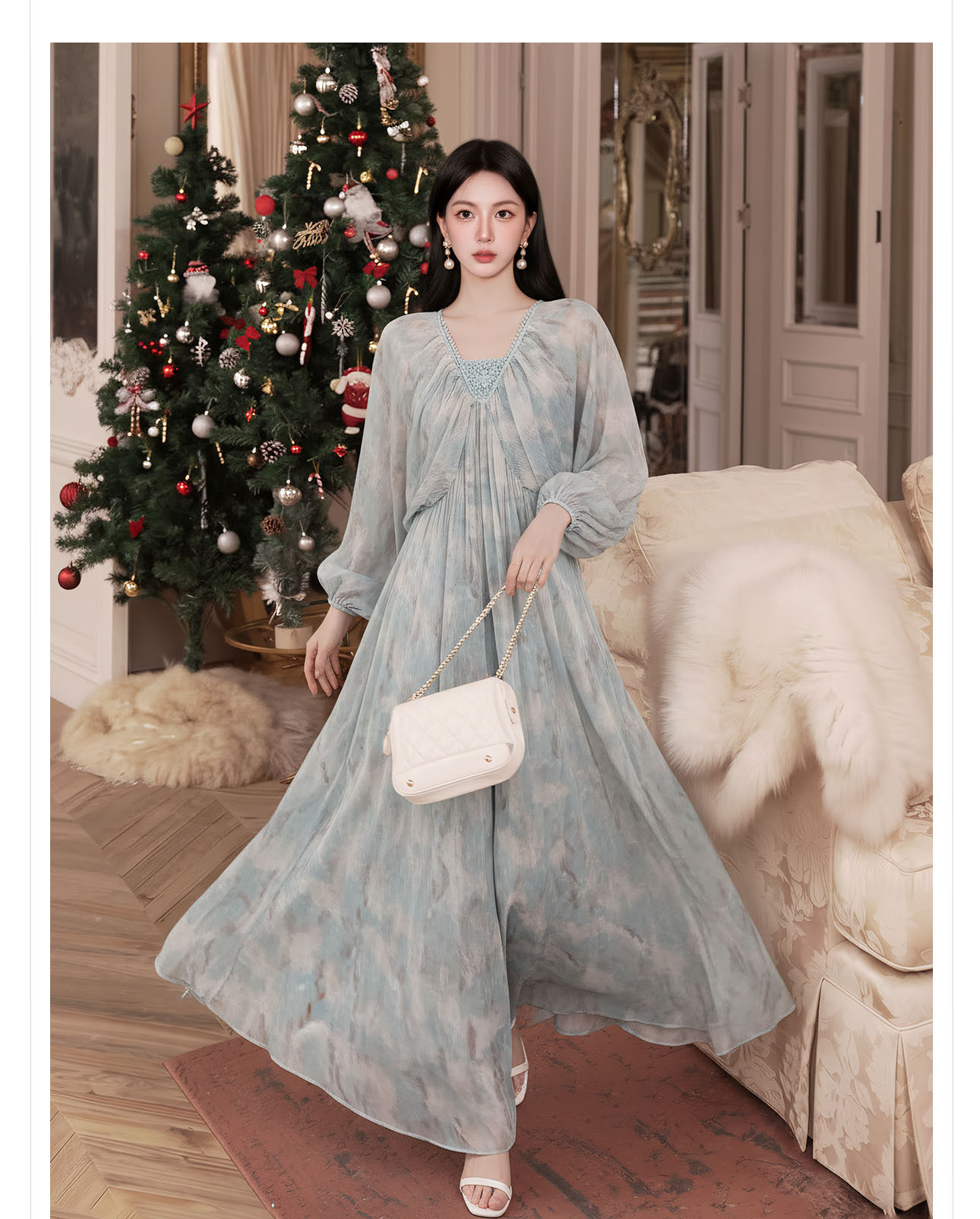 Đầm maxi nữ thắt eo phong cách Tân Trung Hoa in họa tiết thêu ren — xanh lam chi tiết 5