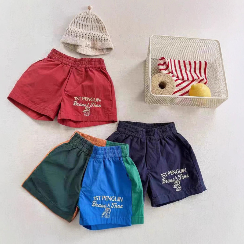 Manufacturer Wholesale 2026 Summer New Style Children's Penguin Letter Candy-Colored Boys' Pure Cotton Beach Casual Shorts