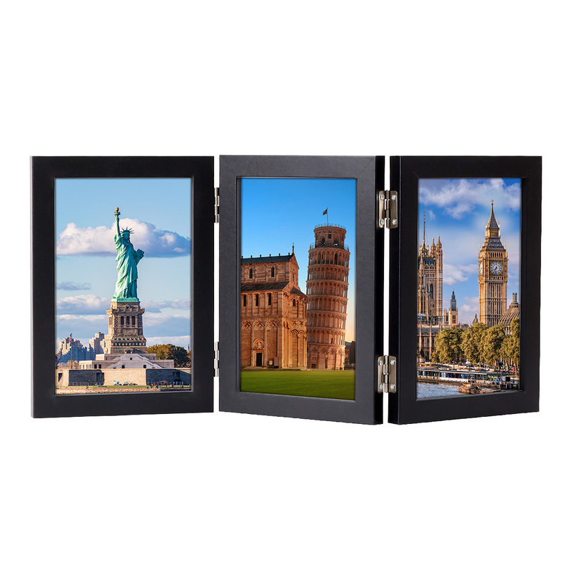 Hot-Selling Modern Minimalist Three-Fold Wooden Photo Frame Display Stand 6inch 7inch Double-Sided Foldable Pet Picture Frame Set