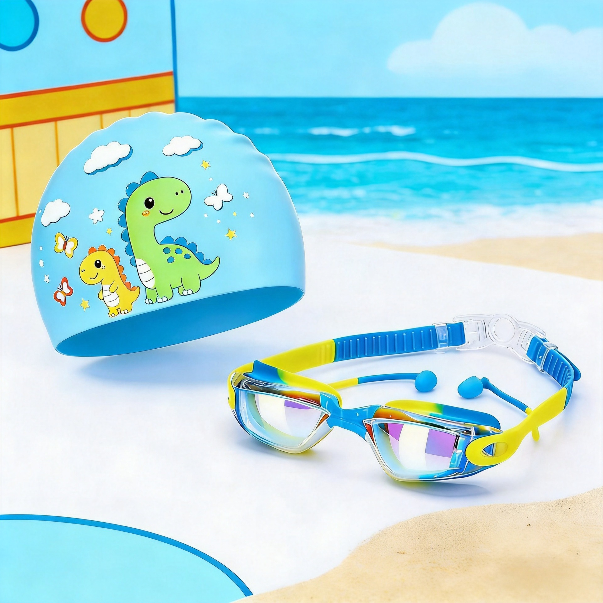 50g gorra de baño de dinosaurio + gafas de baño azules / amarillas