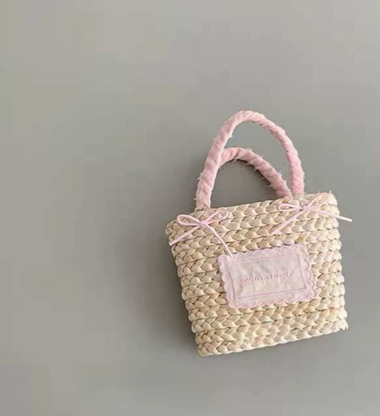 Slow color block letter logo bow bag pink