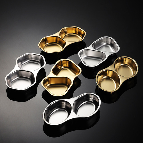 Aion 304 stainless steel two-flavor conjoined sauce plate restaurant multi-shaped seasoning plate titanium gold-plated Korean rice
