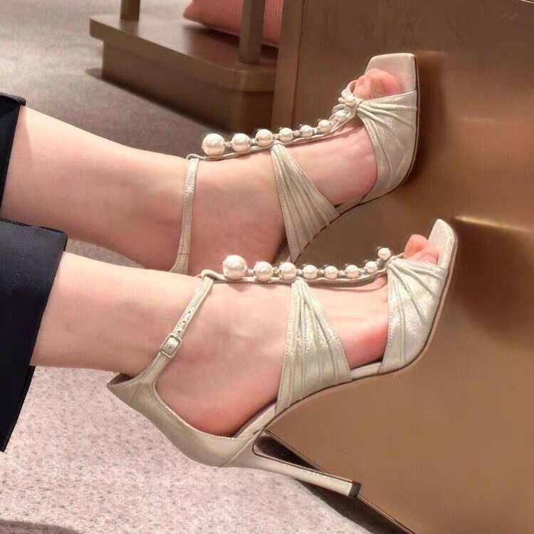French-Style Pearl Crystal Sandals for Women 2026 White Roman-Style One-Strap Ruched Open-Toe High Heels Ultra-High Heels