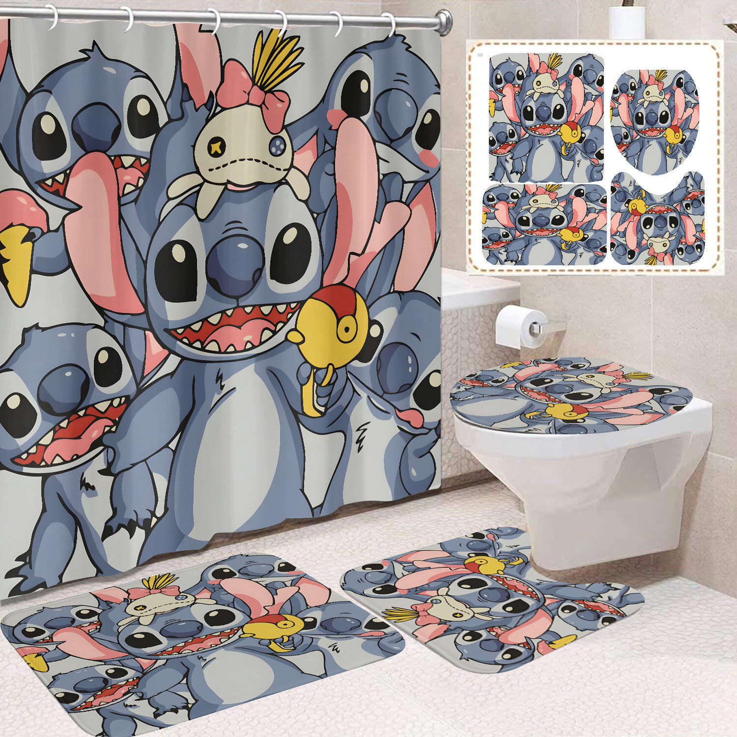 Venta directa de fábrica lindo baño de dibujos animados de cuatro piezas cortina de ducha impermeable cortina de ducha sin perforación cortina de partición de baño de baño