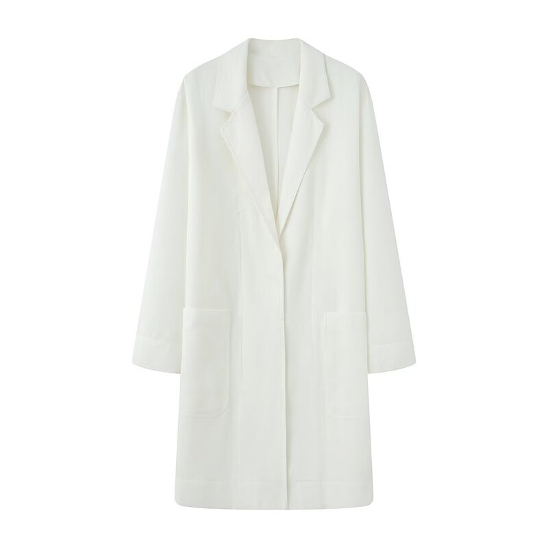 Pb&Za Women's 2025 Autumn New Pure White Suit Collar Pocket Decorated Long Coat Jacket 4043262