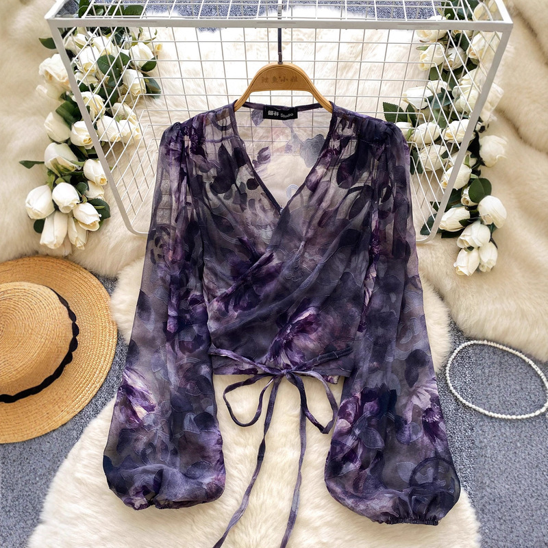 Cross-Border Atmosphere Niche Cross V-Neck Tie Waist Lantern Sleeve Printed Shirt Stylish Versatile Thin Mesh