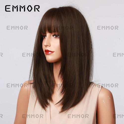 Cross-border foreign trade European and American wigs with bangs, black brown shoulder-length straight hair, tail curls to modify the face shape, high-temperature silk Wigs
