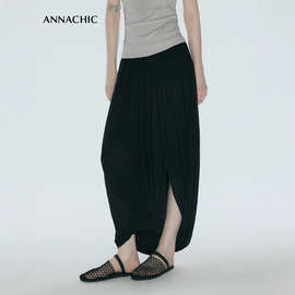 ANNACHIC时髦懒人_两穿双层纽结解构针织半身裙女长款裙裤花苞裙