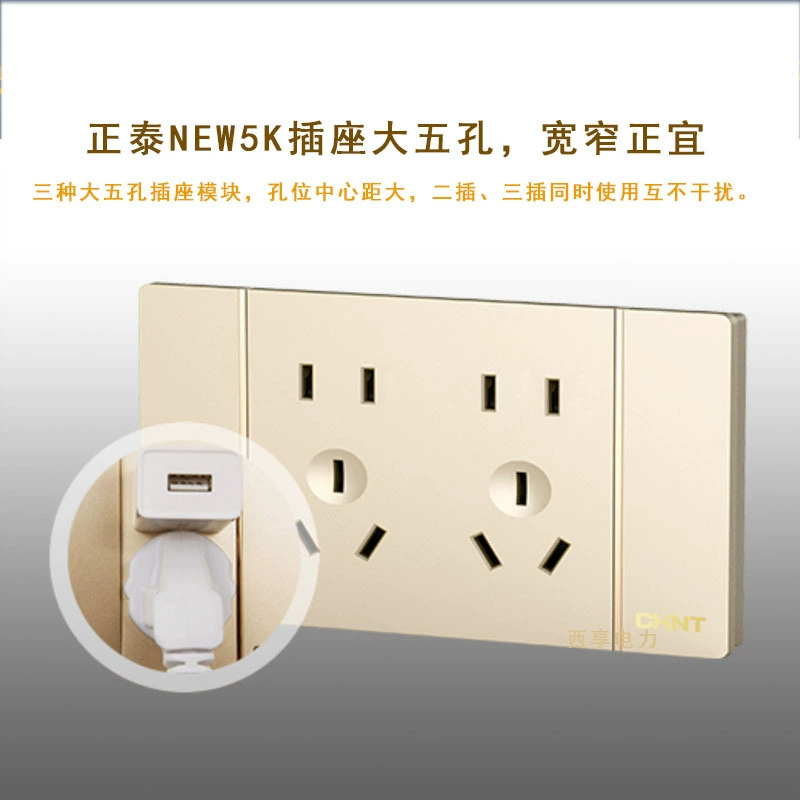 Chint NEW5K wall switch socket five-hole 16A118 type concealed panel large plate golden phosphor bronze material