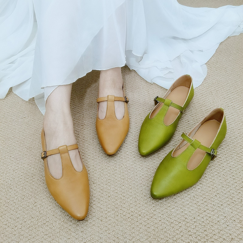 April Allure Handmade Women's Shoes Retro Artistic Mori Style Soft Sole Low Heel Pumps with Pointed Toe and T-Strap