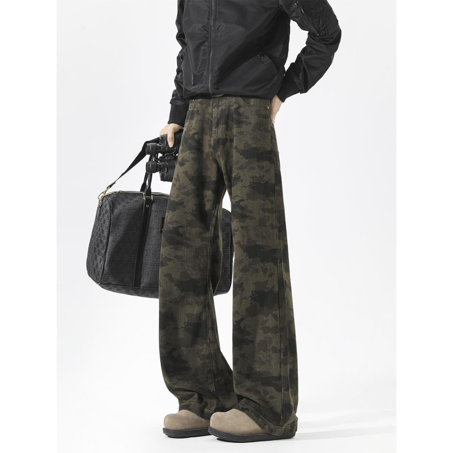 Primavera y otoño estilo americano callejera universal camuflaje pantalones de trabajo delgados rectos vibe micropantalones jeans para hombres y mujeres