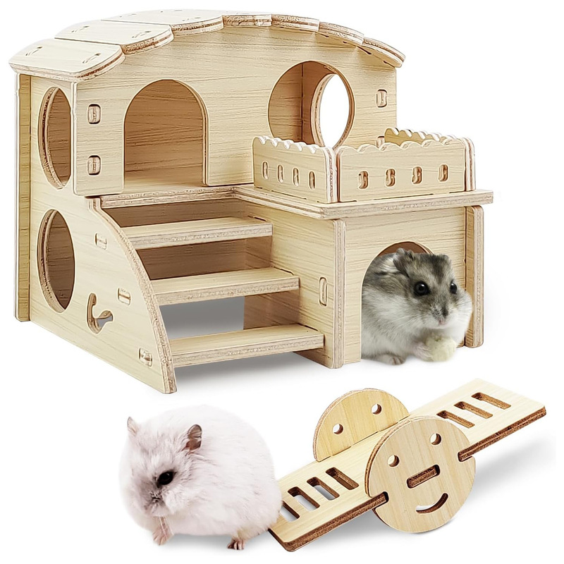 Little Hamster Maze Wooden House-Fun Stair House-Seesaw for Small Animals-Mouse Hide Pet