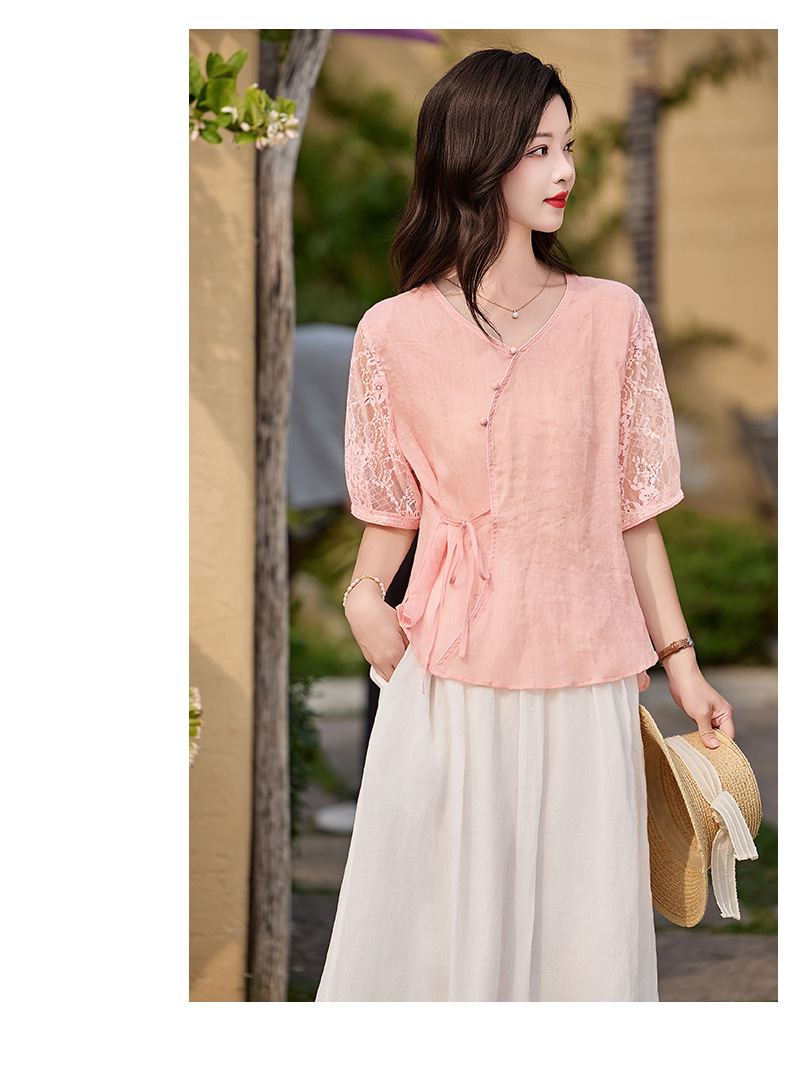 Bộ đầm tân cổ điển nữ hai mảnh áo phối chân váy midi thắt eo — Màu hồng, màu trắng ngà chi tiết 19