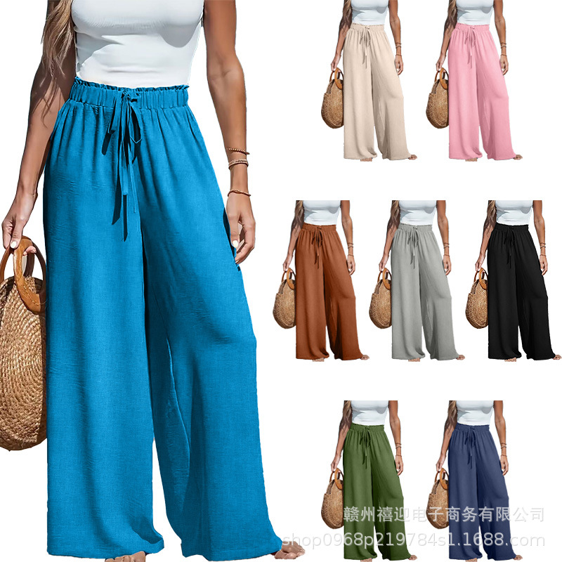 Amazon European and American 2025 Cross-Border Women's Four-Season Cotton and Linen Wide-Leg Loose Drawstring Casual Fashion Pants