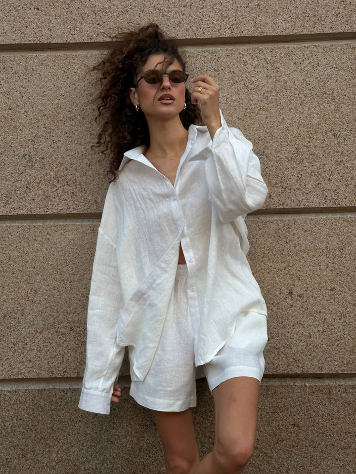 Bộ cardigan dài tay kèm quần short cotton màu trơn phong cách đơn giản — Màu cam, Màu hồng, Màu hồng nhạt, Màu trắng