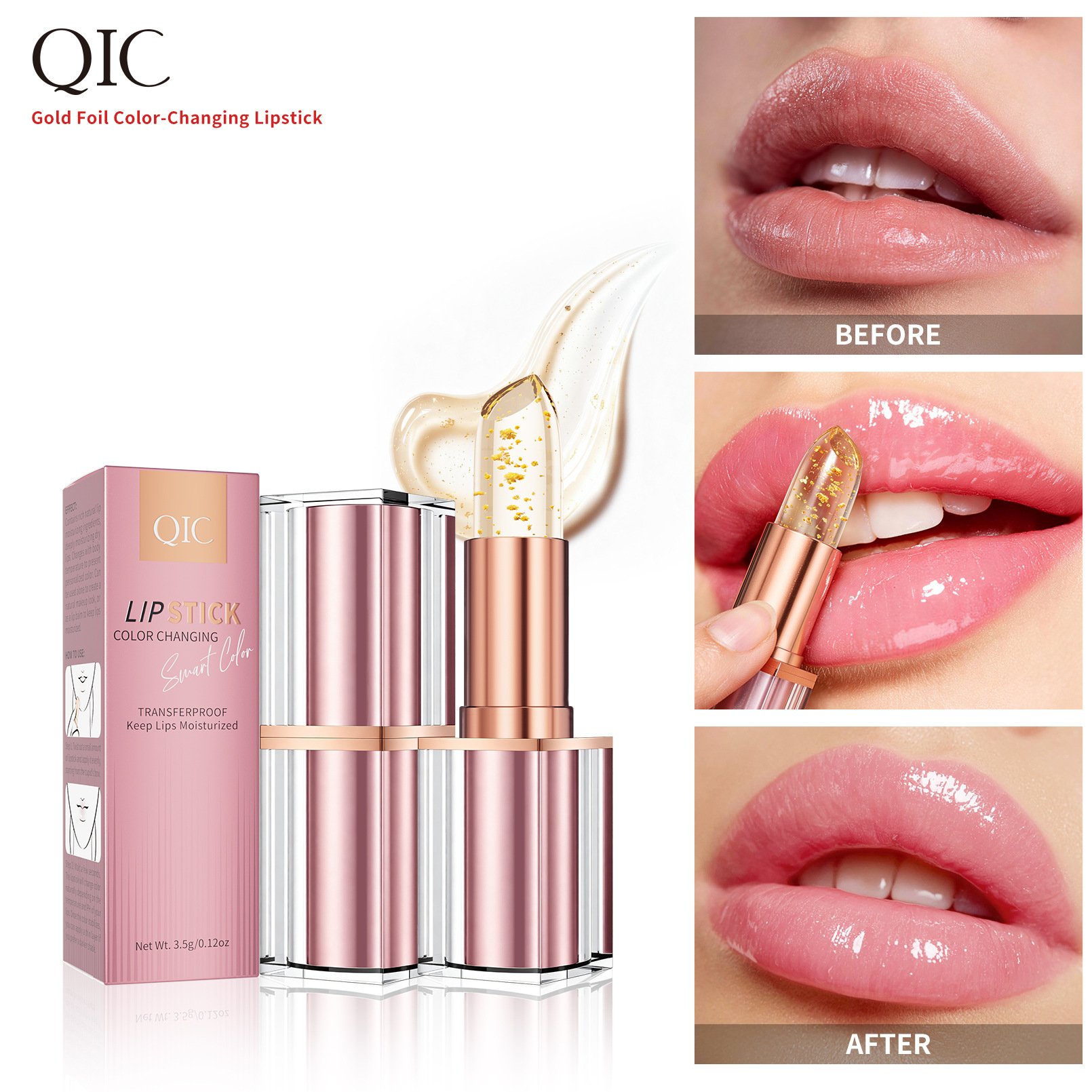 Qic Color-Changing Lipstick Gold Foil Jelly Color-Changing Lipstick Thousand People Thousand Colors Transparent Moisturizing Temperature-Changing Lipstick Tk