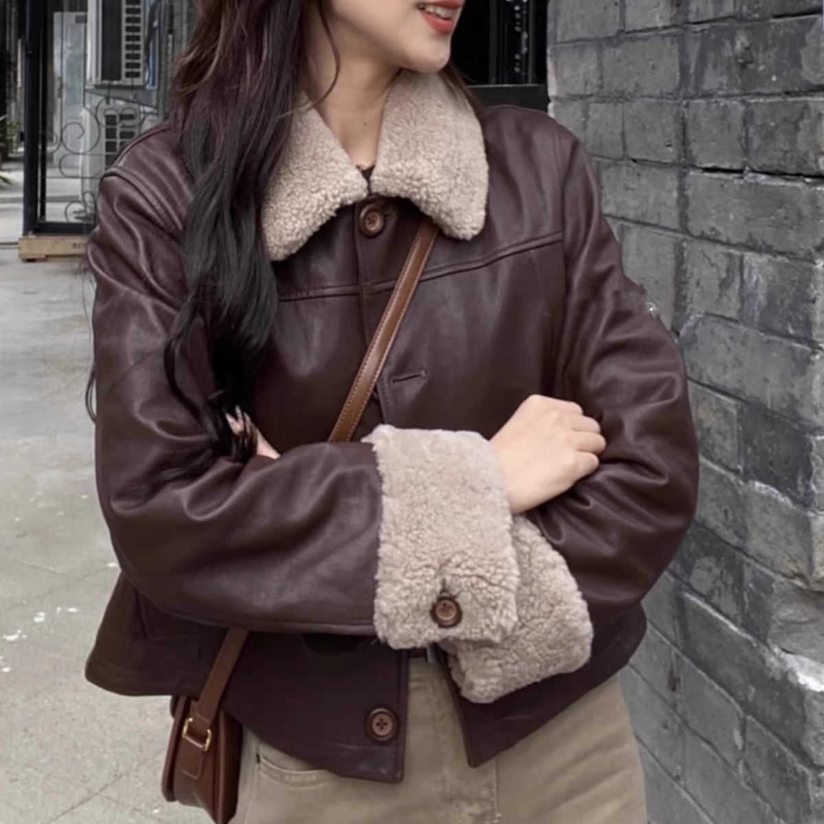 Liu Wen's Same Style Brown Hong Kong-Style Padded Short Biker Jacket with Lamb Fur Coat for Women, Spring and Winter, European and American Style
