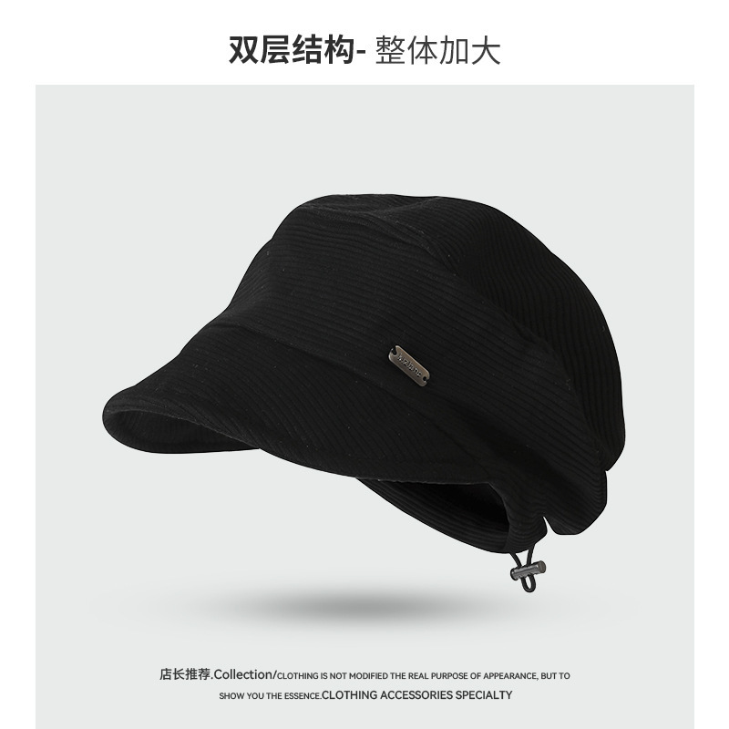 秋冬新款复古文艺灯芯绒银标报童帽时尚休闲百搭软檐抽绳贝雷帽|undefined