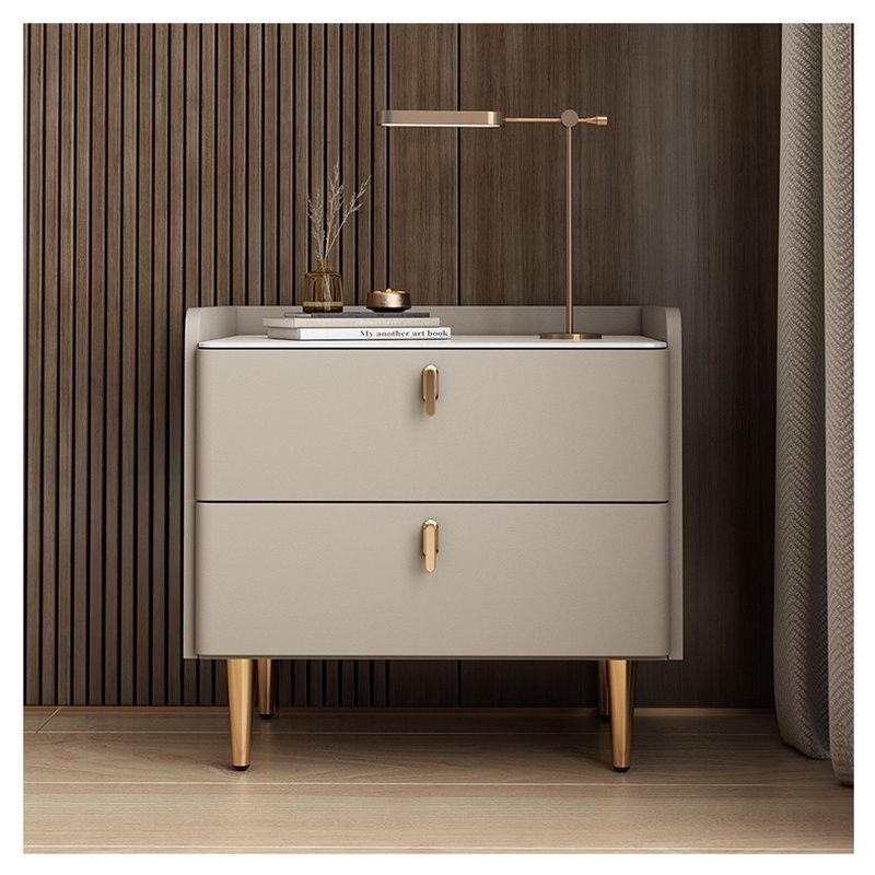 Light Luxury and High-End Solid Wood Leather Double Drawer Slate Bedside Table Modern Simple Internet Celebrity Home Bedside Storage Cabinet