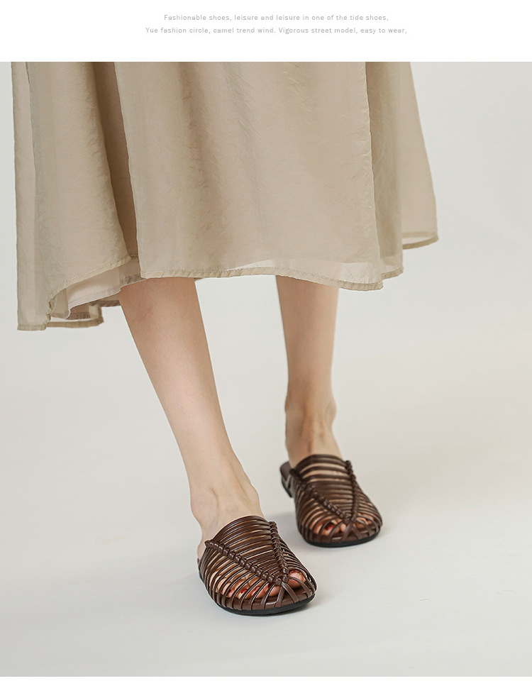 Hand-woven Open-toe Hollow Flat Mule Sandals For Summer Outdoor Wear, Lazy Slip-on Women's Shoes_vogvips.com