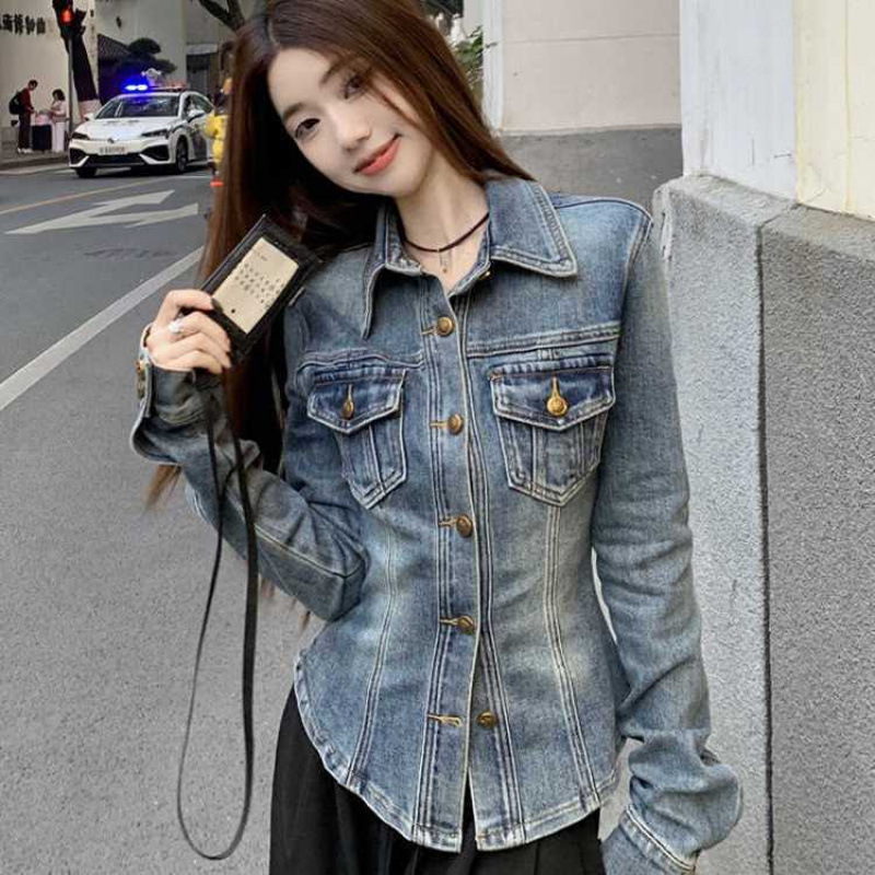美式复古蓝色牛仔衬衫外套女早春秋季高级感修身收腰百搭短款上衣|undefined