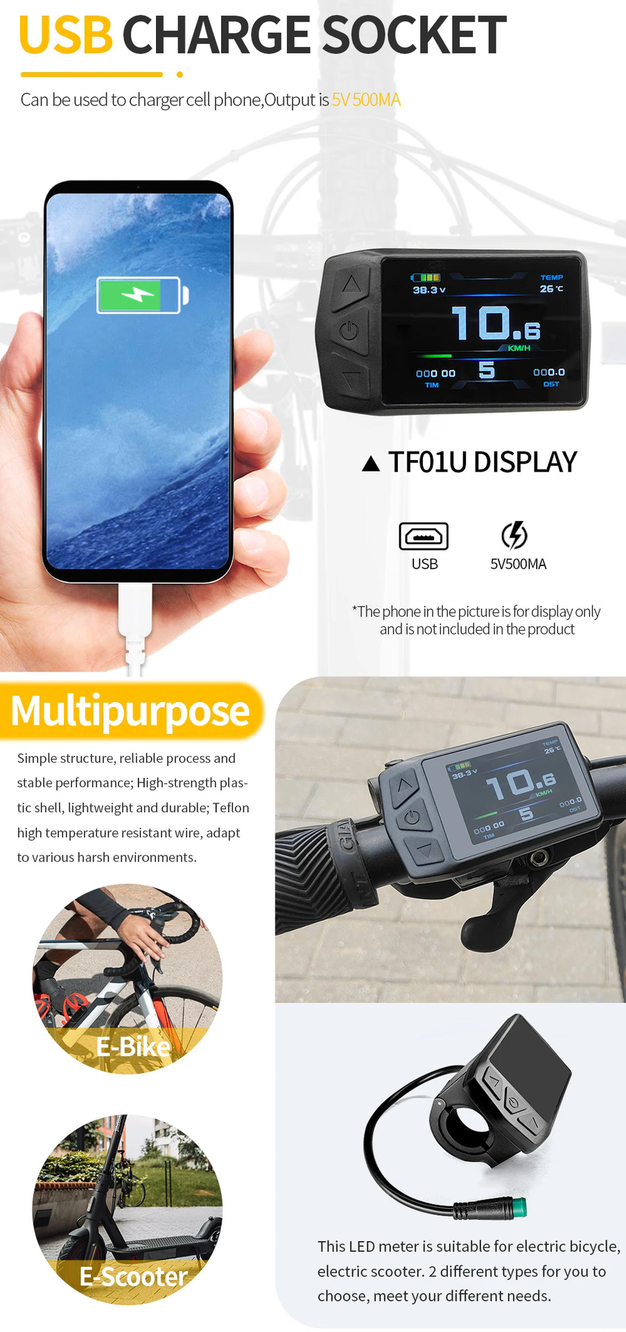 Cross-border hot-selling bicycle modified electric with Quantum KT-TF01U color screen LCD meter/waterproof connector