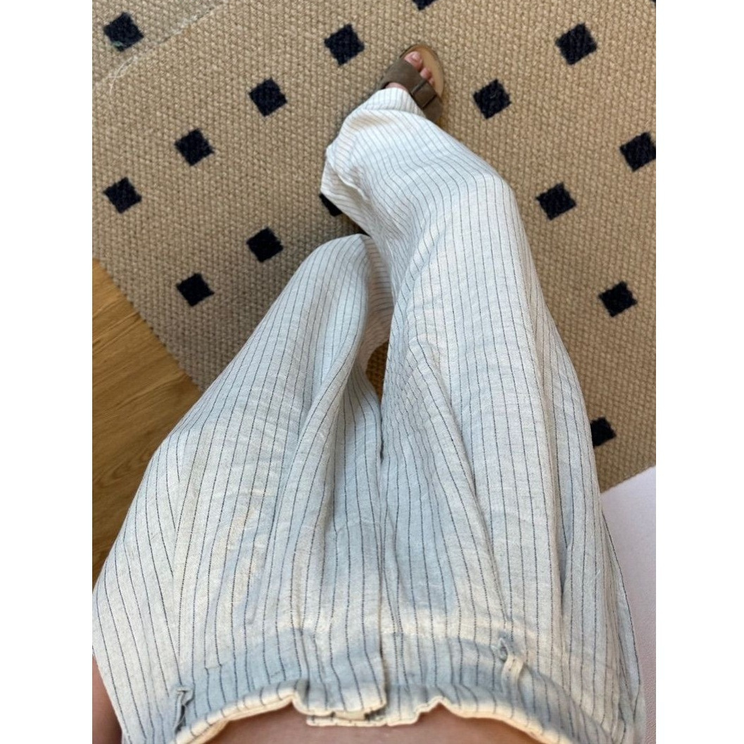 여름 휴식 바지 코튼 리넨 높은 허리 느슨한 편안한 통기성 넓은 다리 바지 여성용 슬리밍 스트라이프 캐주얼 바지