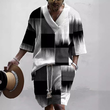 2025跨境TEMU亚马逊热卖时尚休闲欧美套装男夏装印花短袖短裤批发