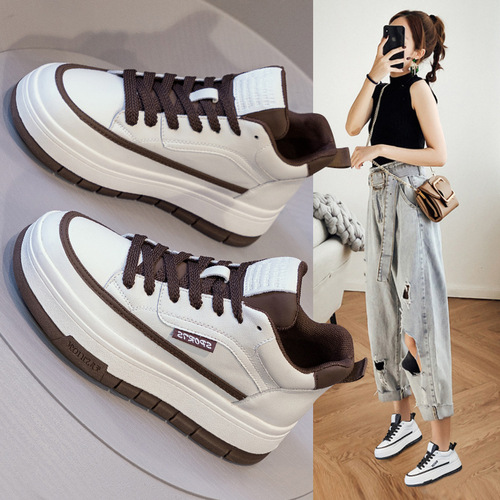 2024 Spring and Autumn New Thick-soled Non-slip Thick-soled White Shoes Women's Lace-up Casual Korean Version Increased Height Low-top Single Shoes
