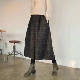 2025秋冬新款格子呢子阔腿裤女宽松松紧腰毛呢裤子显瘦慵懒风裙裤