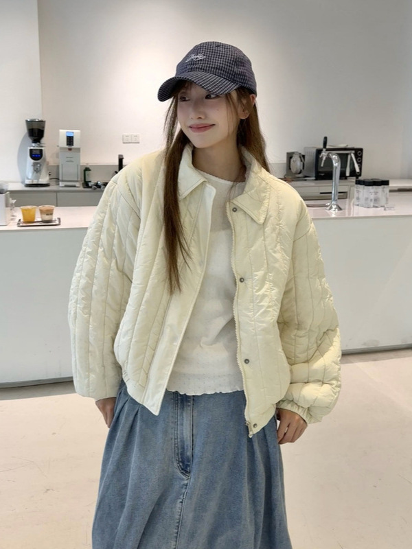 彩色织唛竖条纹理25秋冬翻领小个子轻盈棉服甜美韩版宽松棉衣外套|undefined