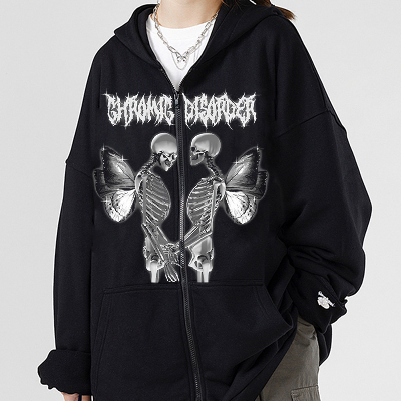 Cross-border New in stock Skull Wings Hooded Zipper Sweater Women's fleece-lined Thickened Loose Sports Cardigan Sweater for Women