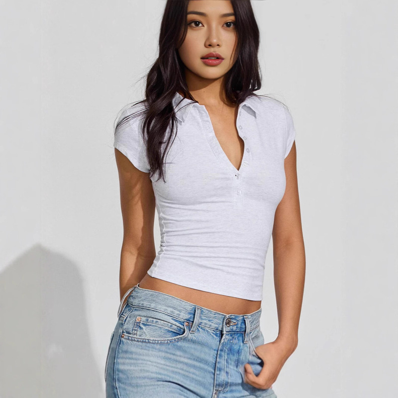 2025 Cross-Border European and American Fashion Women's Spring and Summer New Style Lapel Button Tight Sports Slim Short-Sleeved Tops
